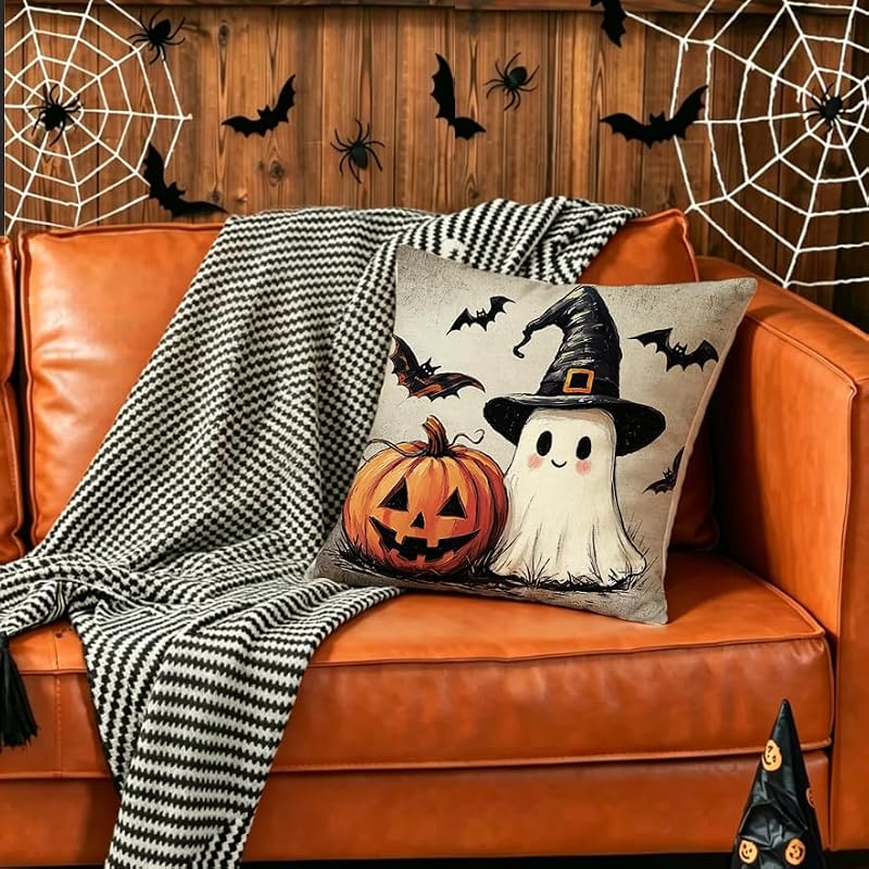 Halloween Ghost Pillow Covers 18x18 Waterproof Outdoor Pumpkin - Black & Orange Variation