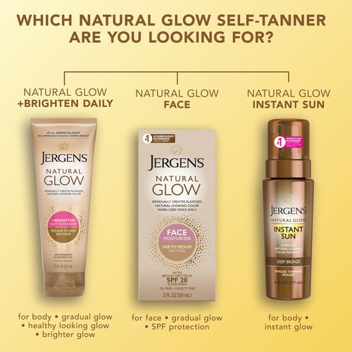 Jergens Natural Glow Self Tanner Body Lotion, Daily Sunless Tanning, Medium to Deep Skin Tone, Daily Moisturizer with Coconut Oil, Vitamin E and Antioxidants, 7.5 Oz, Pack of 2