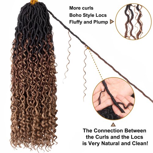 COOKOO 24 Inch Boho Happie River Crochet Hair - 8 PCS Goddess Locs with Curly Ends - Synthetic Soft Crochet Locs Hair Extension 1B/30/27#