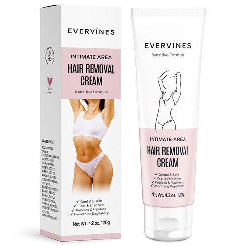 Evervines Hair Removal Cream for Women: Fast & Painless Depilatory for Bikini Pubic Legs Arms Underarms - Sensitive Skin Safe - Travel & Home Use with Scraper – 4.2oz