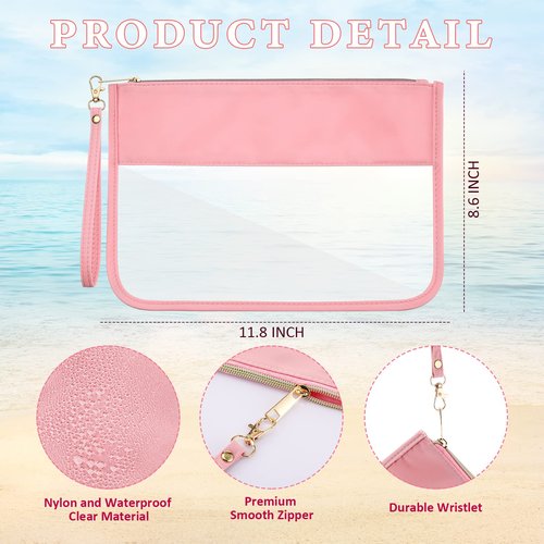 Sanwuta 3 Pcs Clear Zipper Snack Bag Pouches for Travel Women, Flat Nylon Waterproof PVC Makeup Snack Bags Set DIY Chenille Letter Organizer Portable Storage Beach Stuff Toiletry (Pink, Beige, Brown)