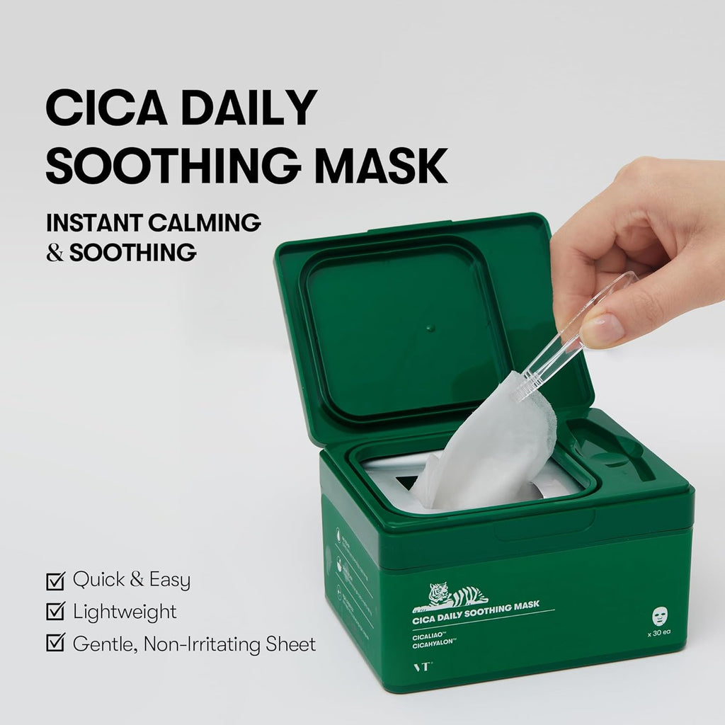VT COSMETICS CICA Daily Soothing Mask - 30 Sheets with Centella Asiatica & Hyaluronic Acid for Hydration & Glow