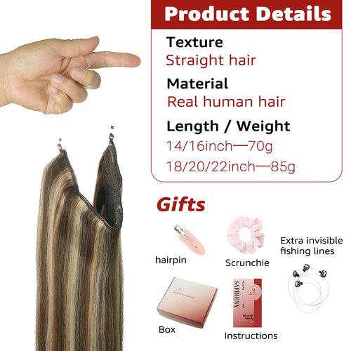 SAFIRENY Wire Hair Extensions Fish Line Hair Extensions Jet Black Extensions, Invisible Wire Hair Extensions Real Human Hair Straight 14inch 70g Adjustable Size Hair Extensions(#1-14inch)