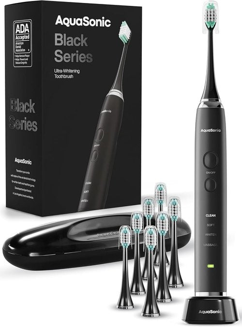 Aquasonic Black Series Ultra Whitening Toothbrush - ADA Accepted Electric Toothbrush with 8 Brush Heads & Travel Case | 40,000 VPM Motor & Smart Timer