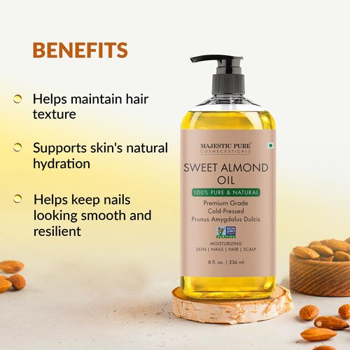Majestic Pure Sweet Almond Oil 8 Fl Oz - 100% Pure Cold Pressed & Hexane Free Natural Carrier Oil for Skin, Hair and Body - Moisturizing Skin, Hair and Scalp