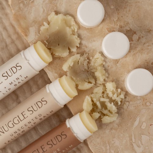 Snuggle Suds Grass-Fed Beef Tallow Lip Balm 3-Pack (0.15 oz Each) - Jojoba & Squalane Oils, Beeswax, Vitamin E, Chamomile & Calendula Infused - Ultra-Hydrating Lip Moisturizer - Variety