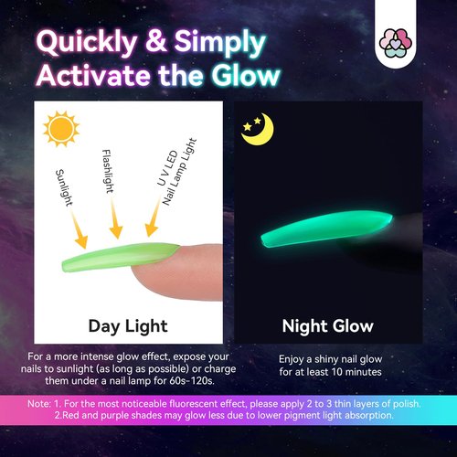 SAVILAND Glows in the Dark Nail Polish: 14 Pcs Quick Dry Nail Polish Set Neon Luminous with Base Top Nail Coat Polish Regular Hot Pink Red Blue Salon Home DIY Nail Art