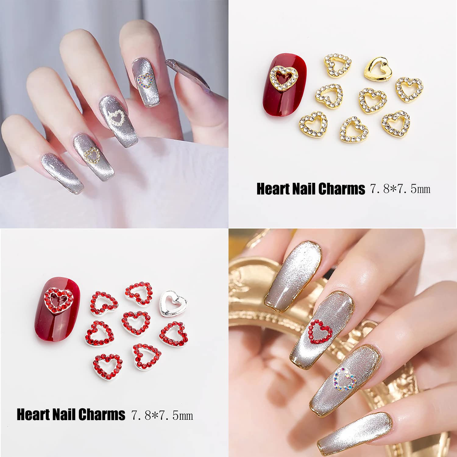 XEAOHESY 40 Pieces Gold and Silver Alloy Heart Charms for Nails Love Heart Nail Charms Gems Christmas Nail Studs Inlaid Rhinestone Pearls for Women Girls Valentine's Day