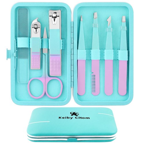 Tweezers Set and Nail Clippers 8Pcs Precision No Gaps Eyebrow Tweezer Kit for Facial Hair Men & Women Travel Tweezers with Leather Case (Violet/Cyan)