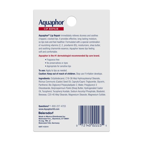 Aquaphor Lip Repair Ointment - Moisturizing Lip Balm for Dryness Relief | 0.35 oz Tube, Pack of 2