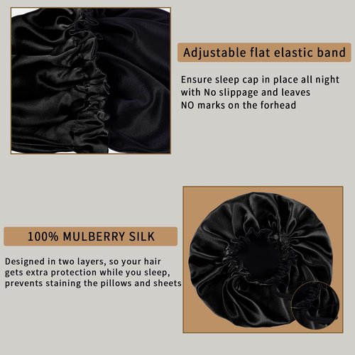 RedJoe 22 Momme 100% Mulberry Silk Bonnet Hair Wrap for Sleeping, Adjustable Silk Scrunchies Sleep Cap for Women Men Hair Care, Head Scarf Night Caps with Elastic Stay On Head, 1Pc(Black,Black)