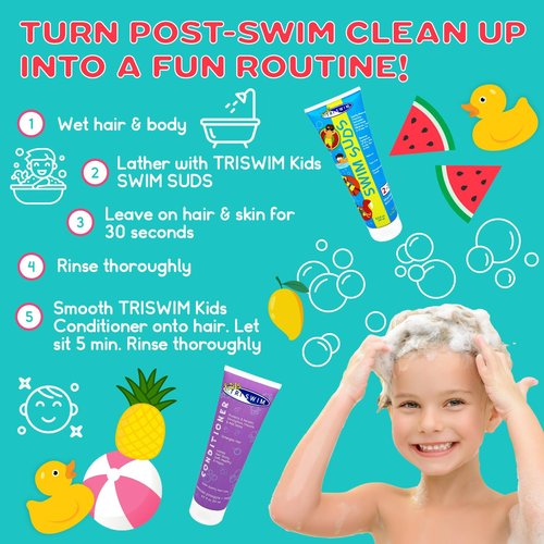 TRISWIM Kids Swim Suds & Conditioner Set 8.5 fl oz each | Natural Tear-Free 2-in-1 Shampoo Chlorine Removal & Body Wash with Detangler - Gentle Hair and Skin Care Solution for Active Kids