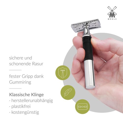 MÜHLE NEO Safety Razor - Eco-Friendly Double Edge Razor for Beginners & Experts | Chrome with Black Grip
