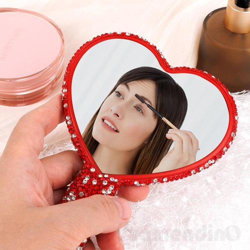 Framendino, 1 Pack Bling Heart Cosmetic Handheld Mirror Red Metal with Handle for Women Makeup Travel