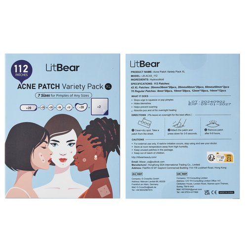 LitBear Large Pimple Patches (7 Sizes 112 Counts), Big Acne Patches, XL Hydrocolloid Bandages for Full Face, Forehead, Chin, Nose, Body, Back, Neck & Chest, Oval, Moon, Square hydrocolloid Patch