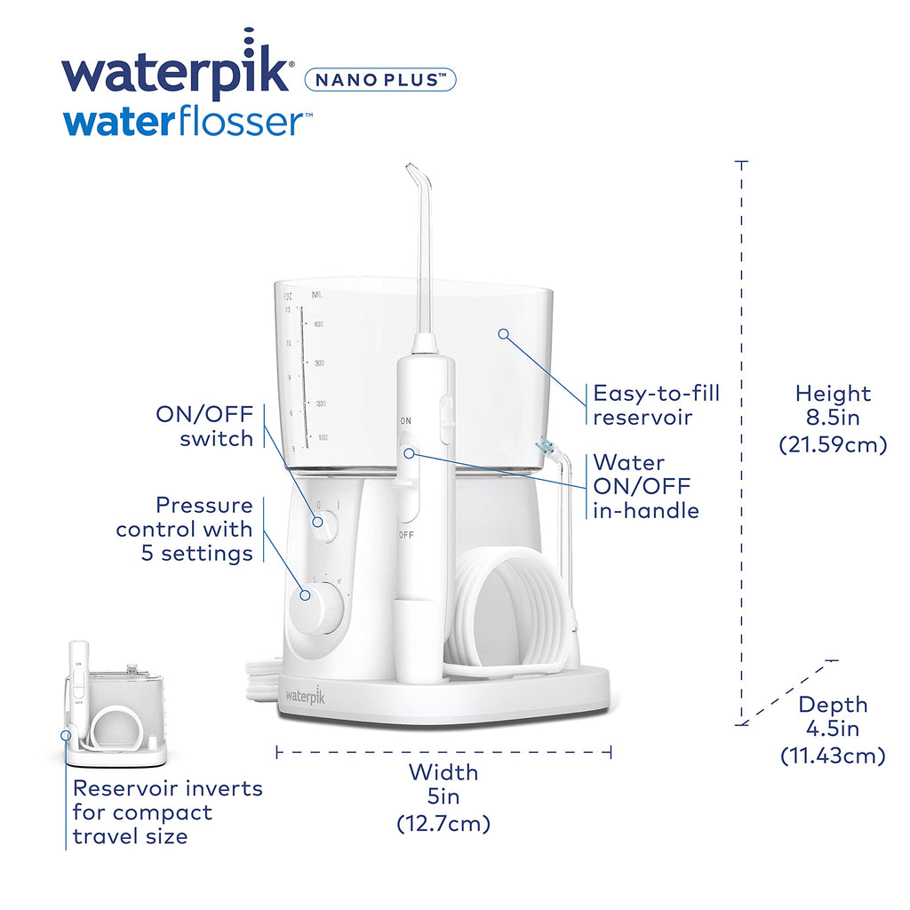 Waterpik Nano Plus Water Flosser For Teeth, Portable Electric Power, Compact For Travel and Home, 4 Flossing Tips, ADA Accepted, White WP-320
