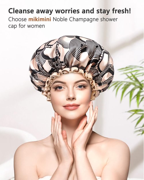 mikimini Large Shower Cap for Women Long Hair, Champagne Shower Caps with Lace, Double Layer Waterproof, Reusable, Washable, High-quality
