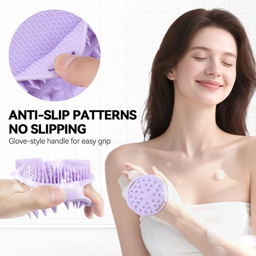 2-Pack Soft Silicone Dual-Sided Body Scrubber & Loofah | Gentle Exfoliating Shower Brush for Men & Women | Creates Rich Lather, Easy to Clean (Gray & Purple)