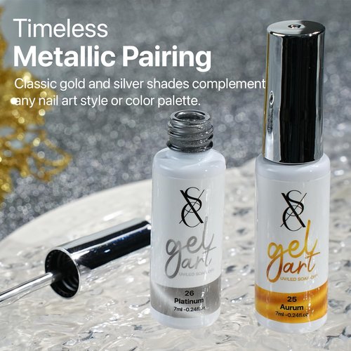 SXC Cosmetics Gel Liner Nail Art Set – Gold & Silver 2pcs Gel Liner Nail Art Chrome 3D High-Gloss Effect for Nail Paint Design with Thin Brush DIY French Manicure Curing Requires