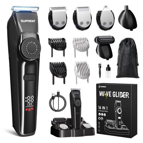 SUPRENT Beard Trimmers for Men - All-in-One Mens Grooming Kits with 40 Precision Dials，Waterproof Adjustable Trimmers for Hair, Beard, Face, Nose & Body, USB-C Rechargeable, 3.5H Running Time (Black)