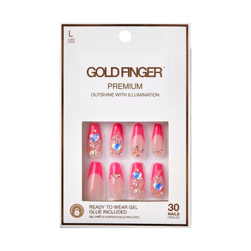 GoldFinger Premium Luxury False Nails Kit, Ready to Wear Pink French Nails, Manicure Stick and Glue Included, Long Coffin Shape with 3D Rhinestones, Long-Lasting Hottest Trend Glue on Nails