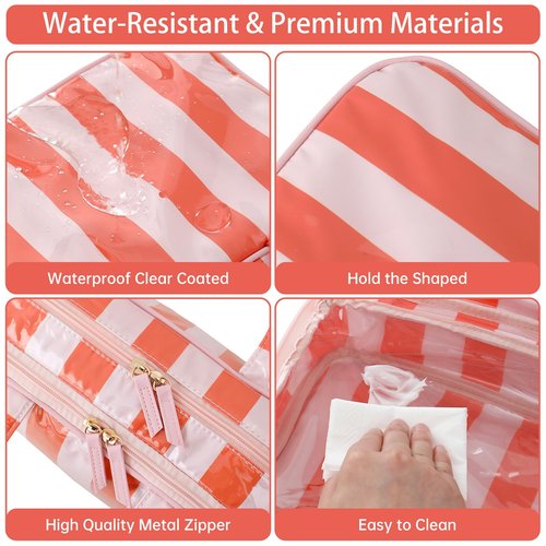 Travel Toiletry Bag for Women, Waterproof Clear Coated Portable Stripe Makeup Cosmetic Bag with Compartment, Travel Organizer for Shampoo, Conditioner, Brushes Set,Cosmetic Accessories(Pink-Orange)