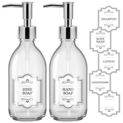 Homepicker 8 oz Clear Glass Pump Bottle, 250ml Small Lotion Dispenser Bottle for Body Massage Oil, Refillable Empty Hand and Dish Soap Dispensers Set with Plastic Silver Pump, Labels - 2 Pack