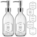 Homepicker 8 oz Clear Glass Pump Bottle, 250ml Small Lotion Dispenser Bottle for Body Massage Oil, Refillable Empty Hand and Dish Soap Dispensers Set with Plastic Silver Pump, Labels - 2 Pack