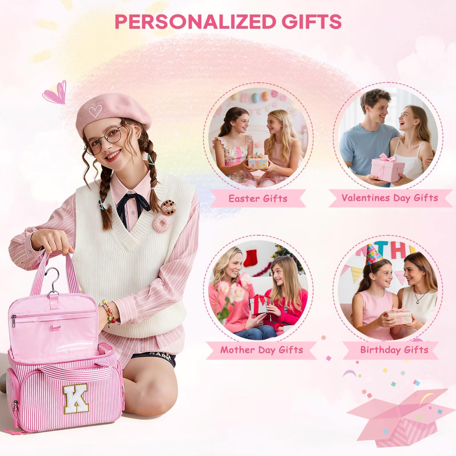YOOLIFE Travel Toiletry Bag for Women, Initial Hanging Toiletry Bag for Teen Girls, Birthday Gifts for 10 11 12 13 14 15 16 17 Year Old Girls, Pink (A)