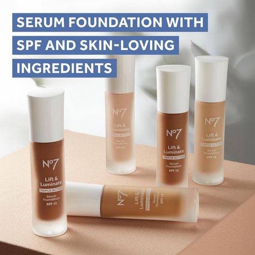 No7 Lift & Luminate Serum Foundation - SPF 15 Liquid Makeup for Dewy Glow - Radiant Formula for Mature Skin - Cool Vanilla (1 Fl Oz)
