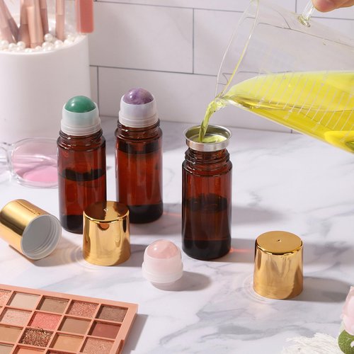 RAMFIYN 2 pack 1.7oz Large Amber Glass Roll on Bottles Rose Quartz Roller Ball Applicator for Essential Oils Perfume Refillable Empty Deodorant Containers with Pink Crystal Rollerball