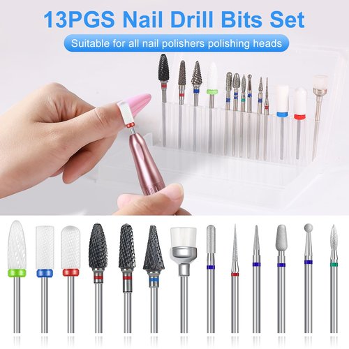 13pc nail drill bits set for nailsefile - includes tungsten carbide, ceramic & cuticle drill bits with brush (3/32 inch)
