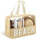 Kajaia Clear Beach Bag - Large Woven Transparent Makeup & Toiletry Organizer | Beige Chenille Letter Design