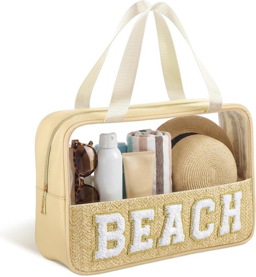 Kajaia Clear Beach Bag - Large Woven Transparent Makeup & Toiletry Organizer | Beige Chenille Letter Design