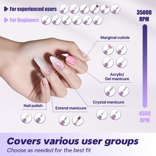 Breosic Electric Nail Drill Professional 35000RPM,Rechargeable Electric Nail File Cordless with 9-Speed & LED Display,12-in-1 Portable Manicure Pedicure kit for Acrylic Gel Dip Powder Nails (Purple)