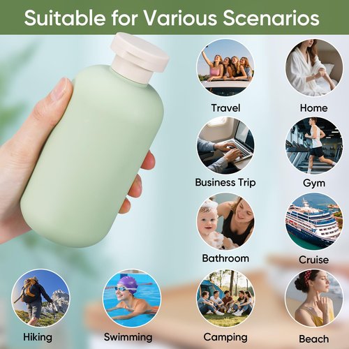 DEMORA 6.6oz Travel Bottles for Toiletries, Larger Plastic Travel Squeeze Bottles Leak Proof Refillable Toiletry Containers with Flip Caps and Labels for Shampoo Conditioner Lotion (Green, 4 Pcs)