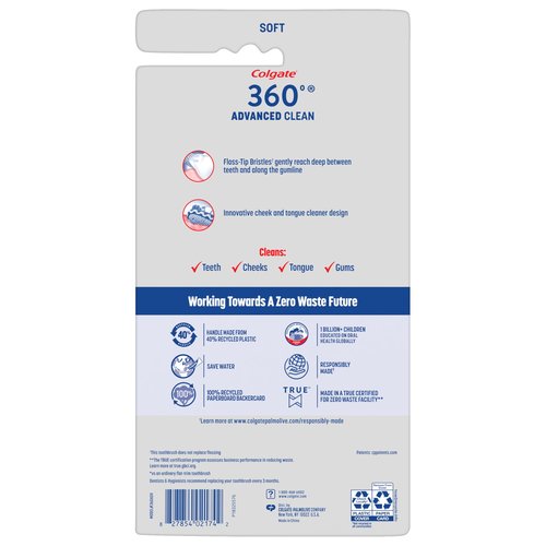 Colgate 360 Advanced Clean Adult Soft Toothbrush Pack, 6 Soft Bristled Toothbrushes with Cheek and Tongue Cleaner, Helps Clean Your Teeth, Tongue, Cheeks, and Gums, 6 Pack