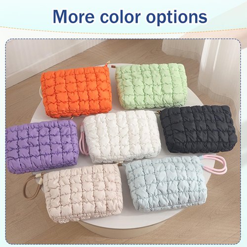 lllyan Puffy Quilted Makeup Bag Cosmetic Bag Equipped with a Detachable Handle Cute Zipper Pouch for Storage Clutch for Women(Black)