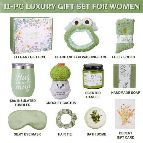 PrecisEdge Birthday Gifts for Women 11 Pcs Self Care Baskets for Women, Christmas Thinking of You Friendship Gift Box, Candles and Bath Shower Sets for Mom Grandma Sister Friends (Sage Green)