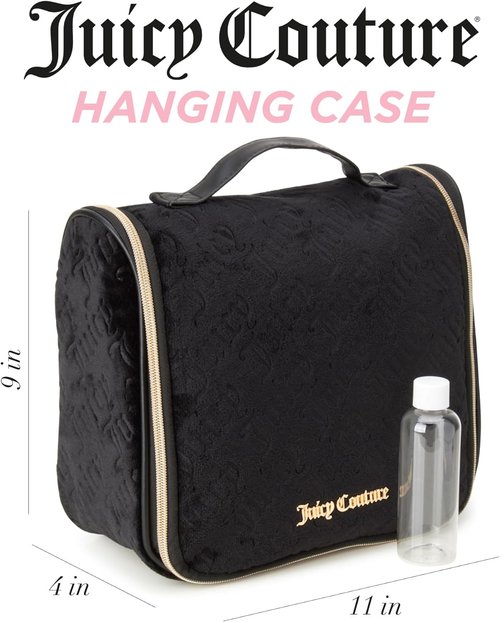 Juicy Couture Black Makeup Bag - Velour Cosmetics Organizer with Hanging Hook for Travel Essentials