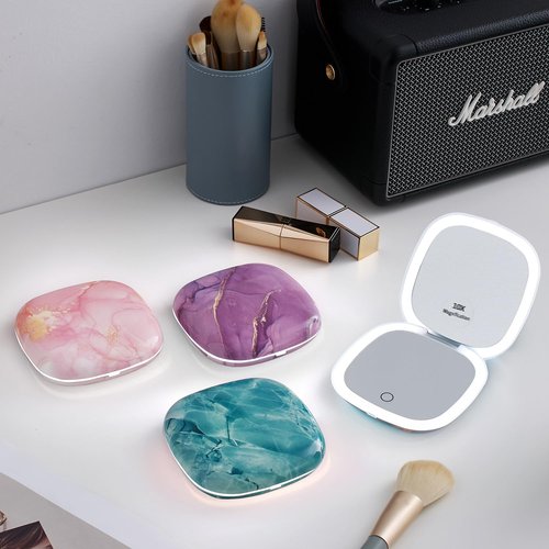 Mocado Compact LED Travel Makeup Mirror - 4 Inches 1X/10X Magnification Travel Mirror with Light Dimmable Double Sides Lighted USB Rechargeable Compact Mirror for Purse,Pocket,Travel(Pink Marble)