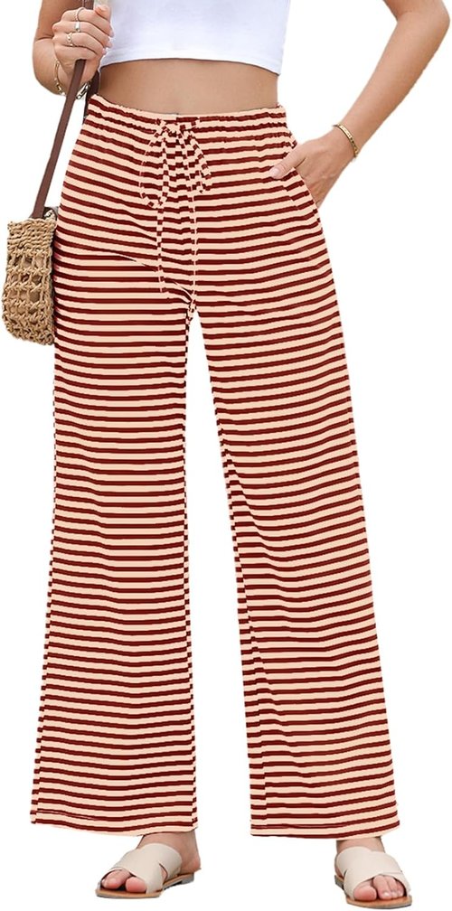 EVALESS Wide Leg Striped Pants - Casual Drawstring Trousers with Pockets for Women