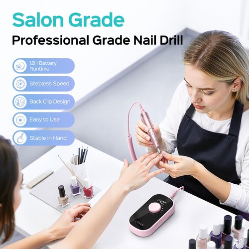 COSLUS Professional Rechargeable Electric Nail Drill 40000 RPM, Portable Nail File with Storage Stand for Acrylic Gel Polishing Removing - Easy to Use for Women, Manicure at Home DIY or Salon, Pink