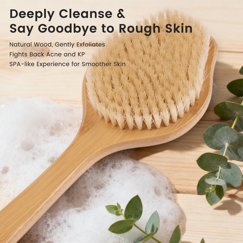 Bamboo Back Scrubber for Shower with Curved Long Handle - Stiff Natural Boar Bristles for Men and Women, Deep Cleansing and Exfoliating, Anti-Slip Grip for Wet or Dry Brushing