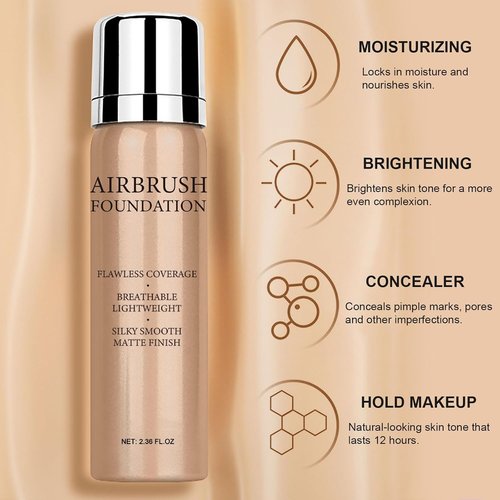 Skiennix Airbrush Foundation Makeup Spray - Long Lasting, Waterproof Full Coverage, Natural Matte Finish, 2.36oz | Includes Brush & Sponge
