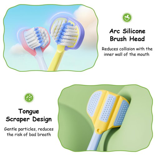 PANIMOSI Toddler Toothbrush 4 Pack, Soft Baby Toothbrush Efficient 3 Sided Kids Tooth Brush for Ages 1-12 Years, Infant Training Tooth Brush Complete Tooth and Gum Care, Easy to Grip(Patent)
