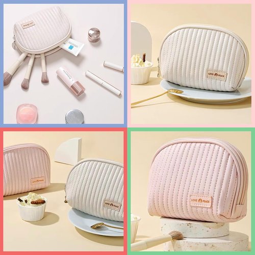 Duleylv Small Makeup Bag for Purse Mini Cosmetic Pouch Waterproof Makeup Organizer for Women Small Cosmetic Bag PU Leather Travel Makeup Bag Lipstick Bag with Zipper Beige