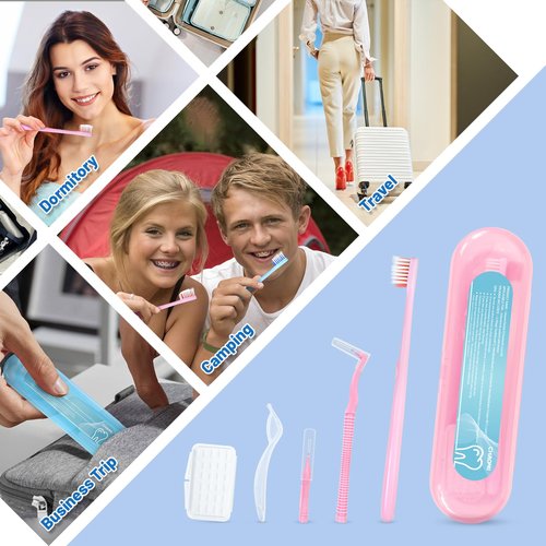 CHAOMI Orthodontic Care Travel Kit | V-Shape Toothbrush with Soft Bristles, Interdental Brushes, Orthodontic Wax, and Breathable Case | Portable Dental Kit for Braces and Aligners(PINK)
