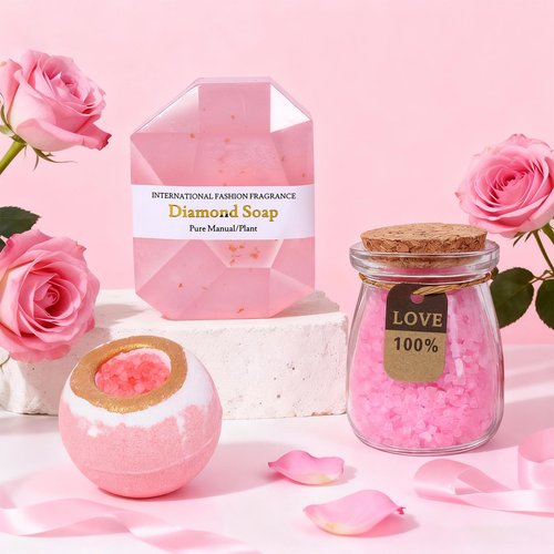 Spa Gift Basket with Bath Essentials- Pink Rose Relaxation Kit Set, Birthday Spa Items Box for Women, Wife, Mom, Sister, Mom, Her, Friends