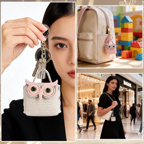 4 PCS Owl Backpack Keychain Mini PU Leather Key Chain Cute Tassel Keyring Metal Snap Small Button Change Wallet Bags for Women Cosmetic Bag Data Cable Organizer Creativity Valentine's Day Present